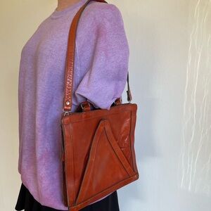 70s VINTAGE Leather Front & Back Triangle Pocket Purse Handbag Shoulder Bag